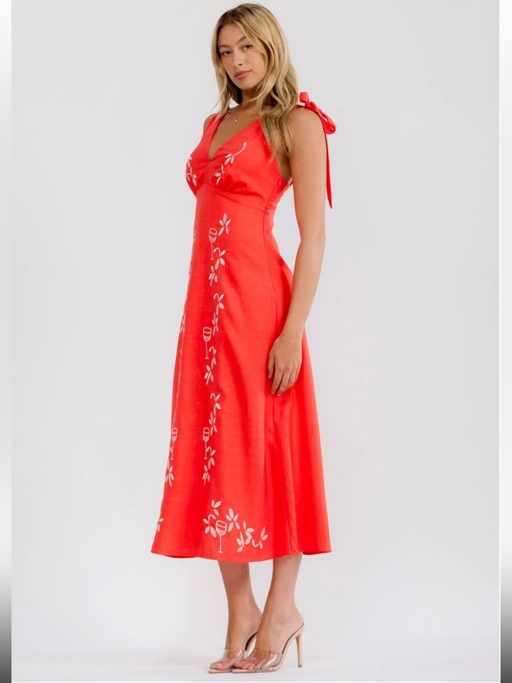 552. V-Neck Coral Embroidered Midi Dress
